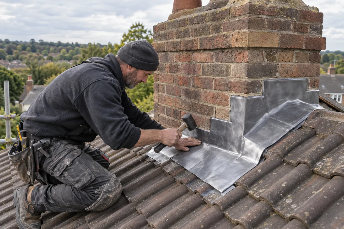Roofer renewing lead chimney flashing
