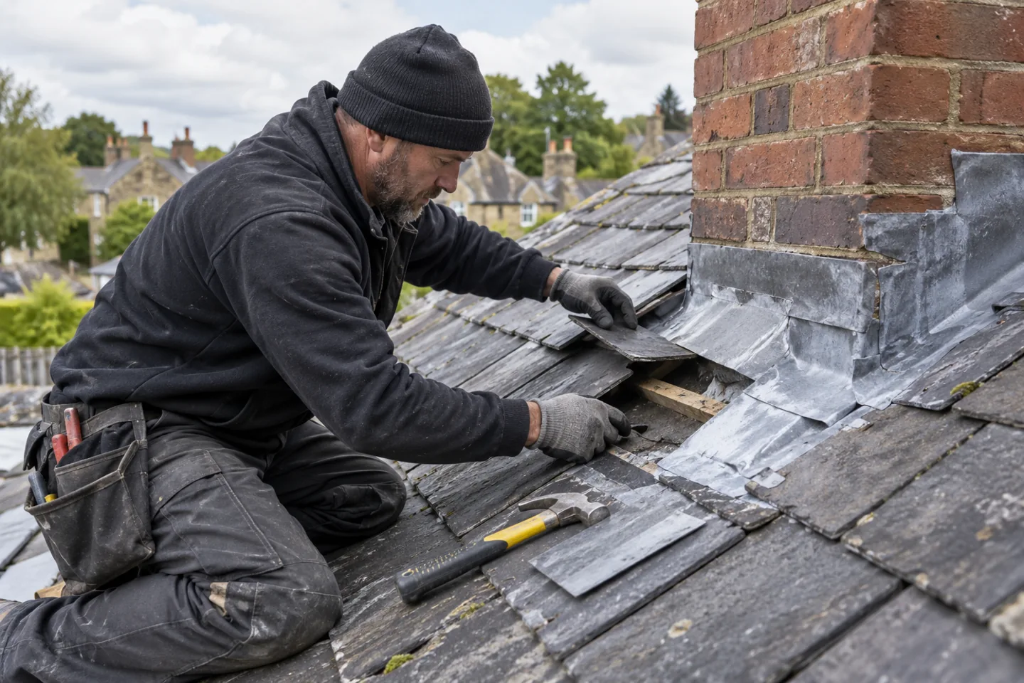 Roofer repairing a roof leak at chimney flashing