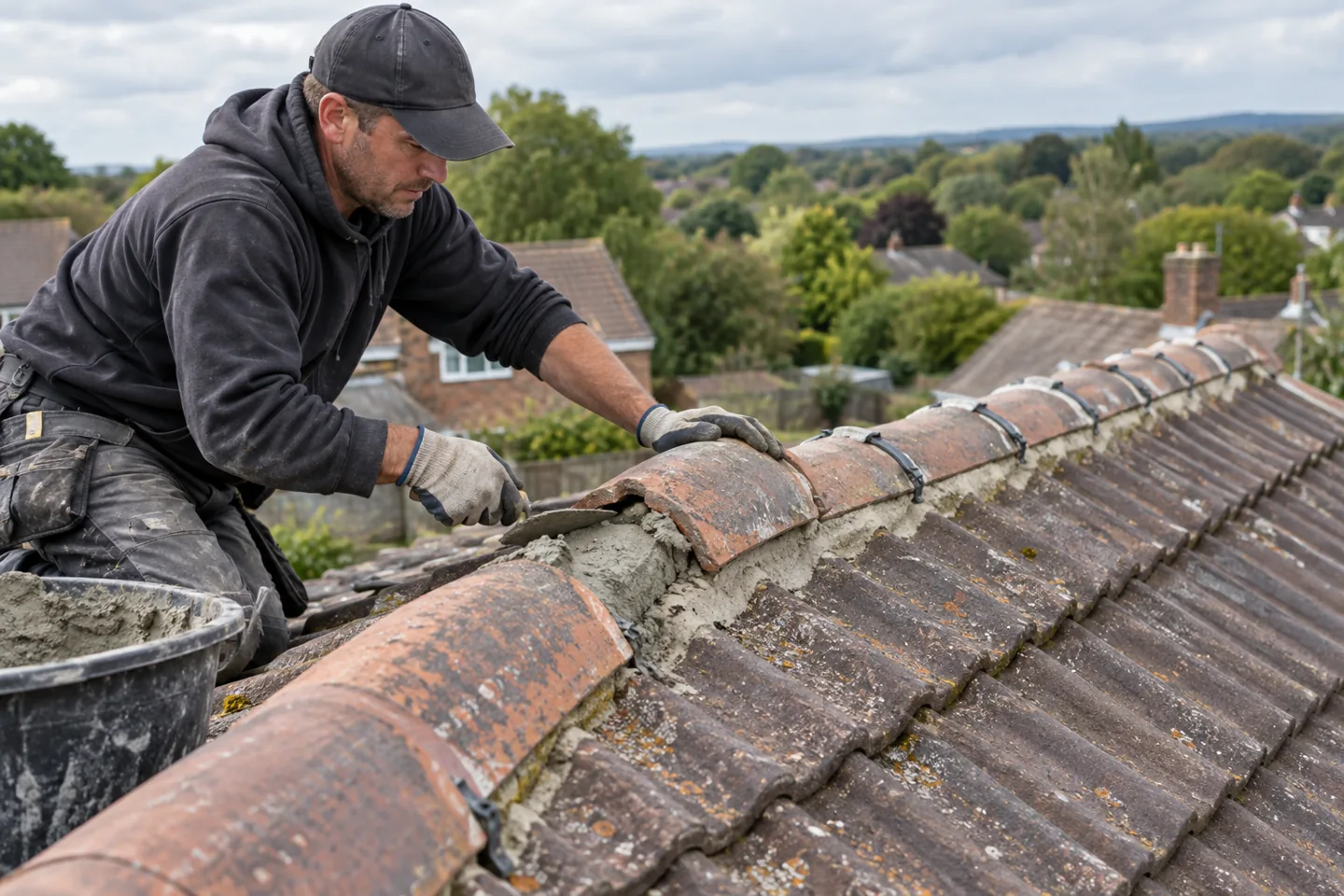 Roofer securing and repointing ridge tiles